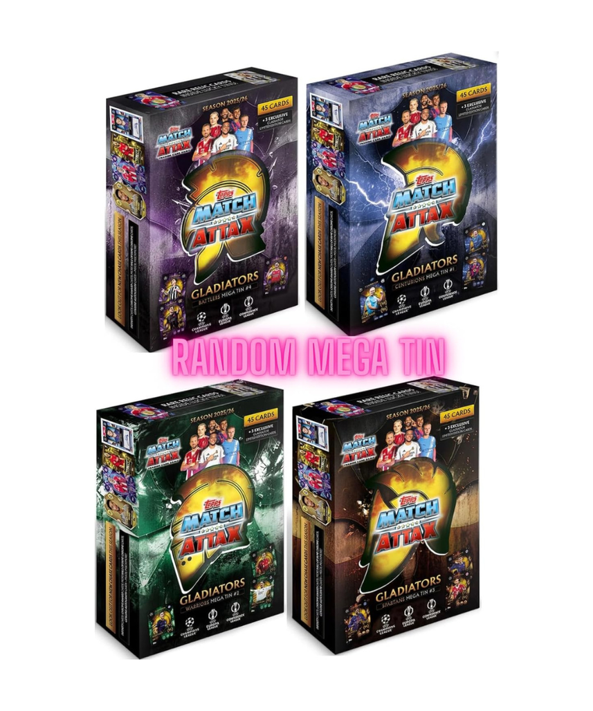 Topps Match Attax UCC 2025 2026 Mega Tin Collectible Football Trading Cards with 45 Cards and Exclusive Gladiators Limited Editions, Official UEFA Licensed, Assorted Mega Tin