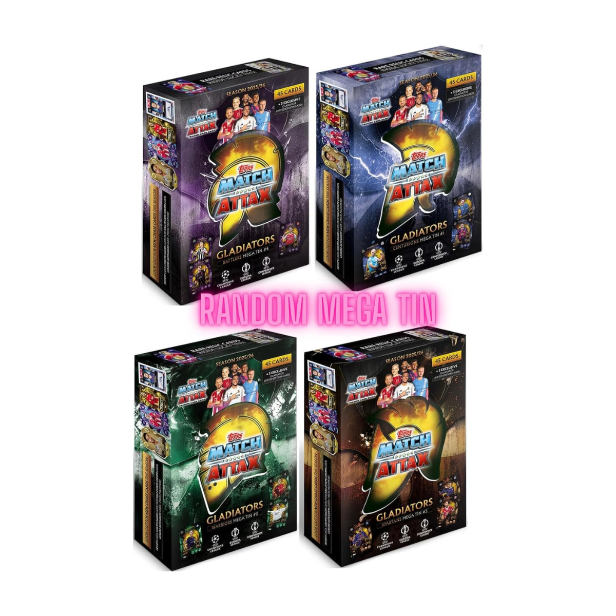 Topps Match Attax UCC 2025 2026 Mega Tin Collectible Football Trading Cards with 45 Cards and Exclusive Gladiators Limited Editions, Official UEFA Licensed, Assorted Mega Tin