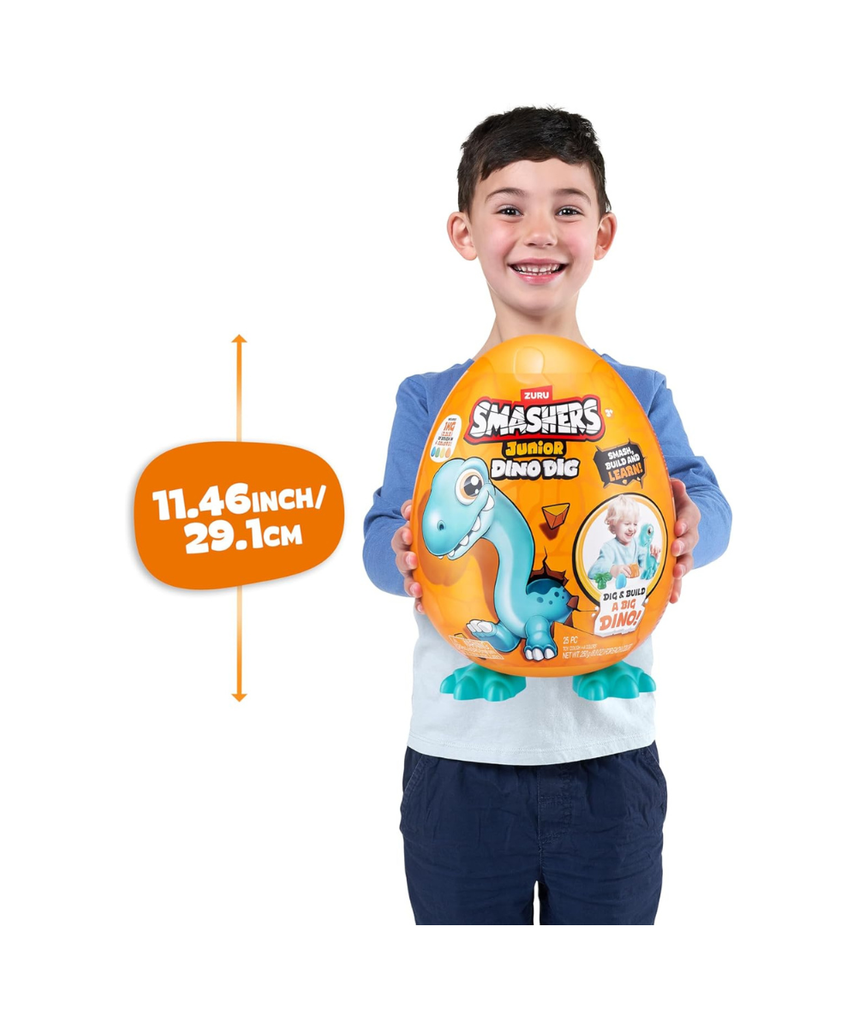 Smashers Junior Dino Dig Large Egg Brontosaur by ZURU, 18+ Surprises, Dinosaur Preschool Toy, Build + Construct Sensory Play for Kids 18 Months to 3 Years, Includes 1kg Clay + 6 Moulds + Stickers, Moveable Dino Figure
