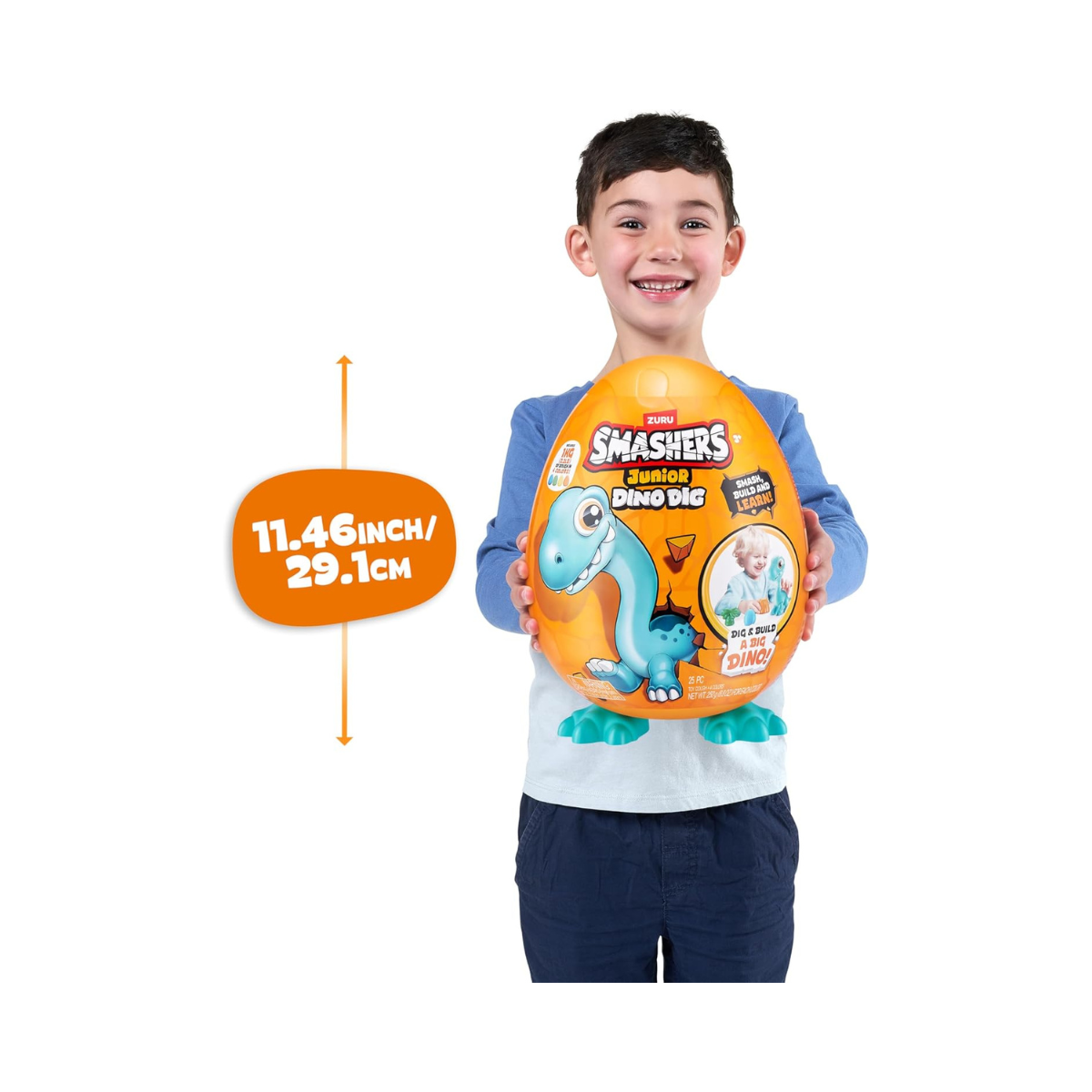 Smashers Junior Dino Dig Large Egg Brontosaur by ZURU, 18+ Surprises, Dinosaur Preschool Toy, Build + Construct Sensory Play for Kids 18 Months to 3 Years, Includes 1kg Clay + 6 Moulds + Stickers, Moveable Dino Figure