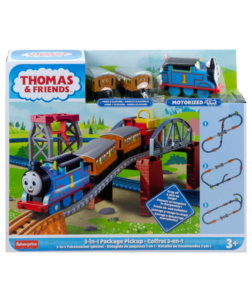 Thomas & Friends Fisher-Price 3-in-1 Package Pickup Train Set, Motorized Thomas with Annie & Clarabel, 3 Track Layouts, Battery-Powered, Ages 3+