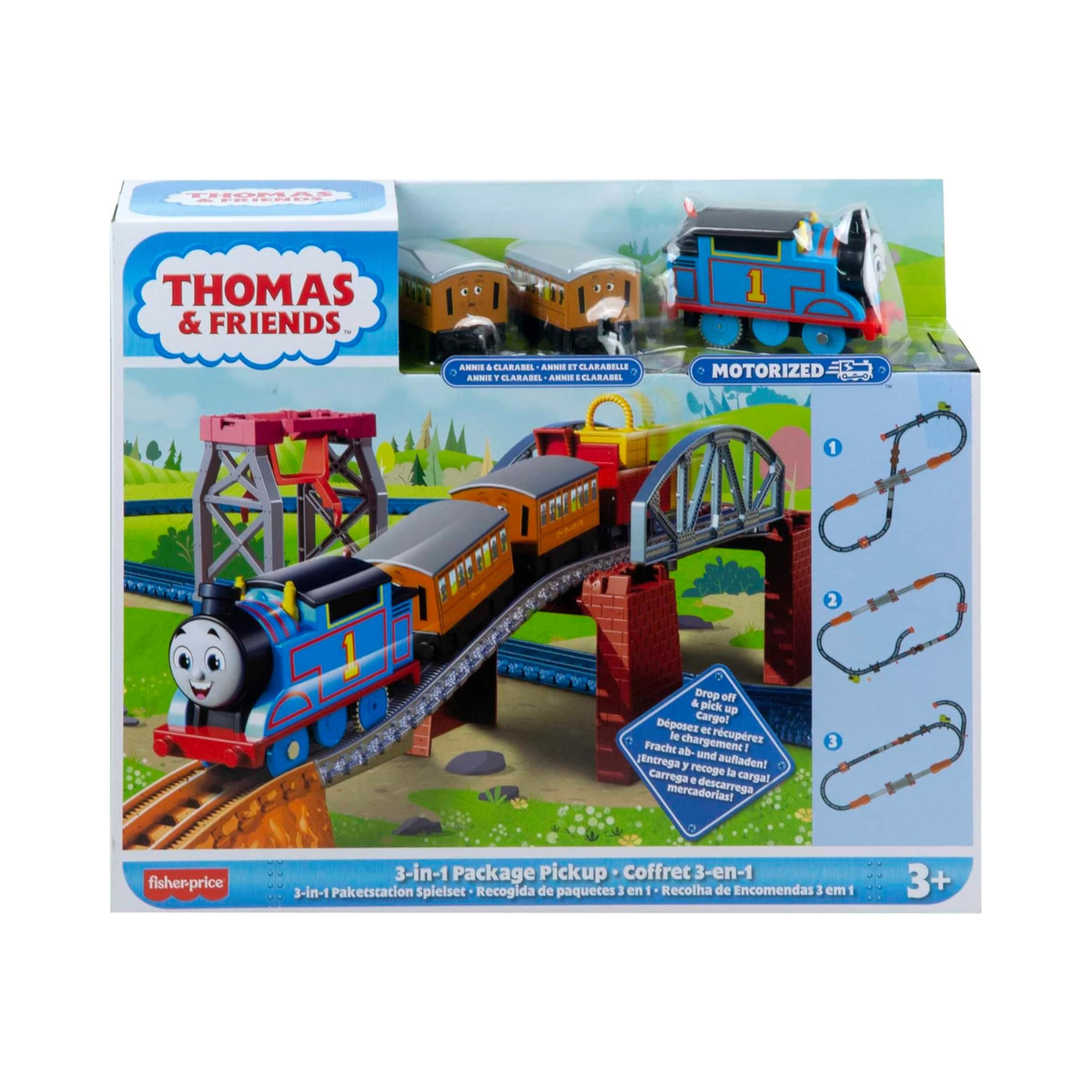 Thomas & Friends Fisher-Price 3-in-1 Package Pickup Train Set, Motorized Thomas with Annie & Clarabel, 3 Track Layouts, Battery-Powered, Ages 3+