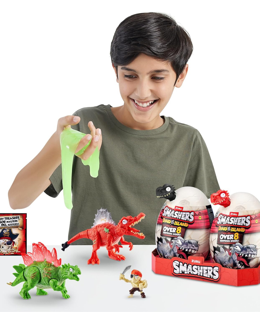 Smashers Mini Dino Combo Pack with 8+ Surprises Dino Island Egg and Jurassic Light Up Egg with Dinosaur Figures Slime Sand Mini Eggs Sensory Collectible Toys for Kids 3+