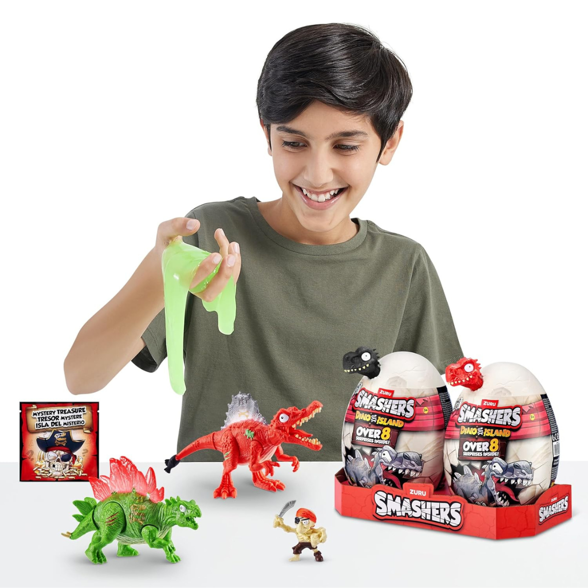 Smashers Mini Dino Combo Pack with 8+ Surprises Dino Island Egg and Jurassic Light Up Egg with Dinosaur Figures Slime Sand Mini Eggs Sensory Collectible Toys for Kids 3+