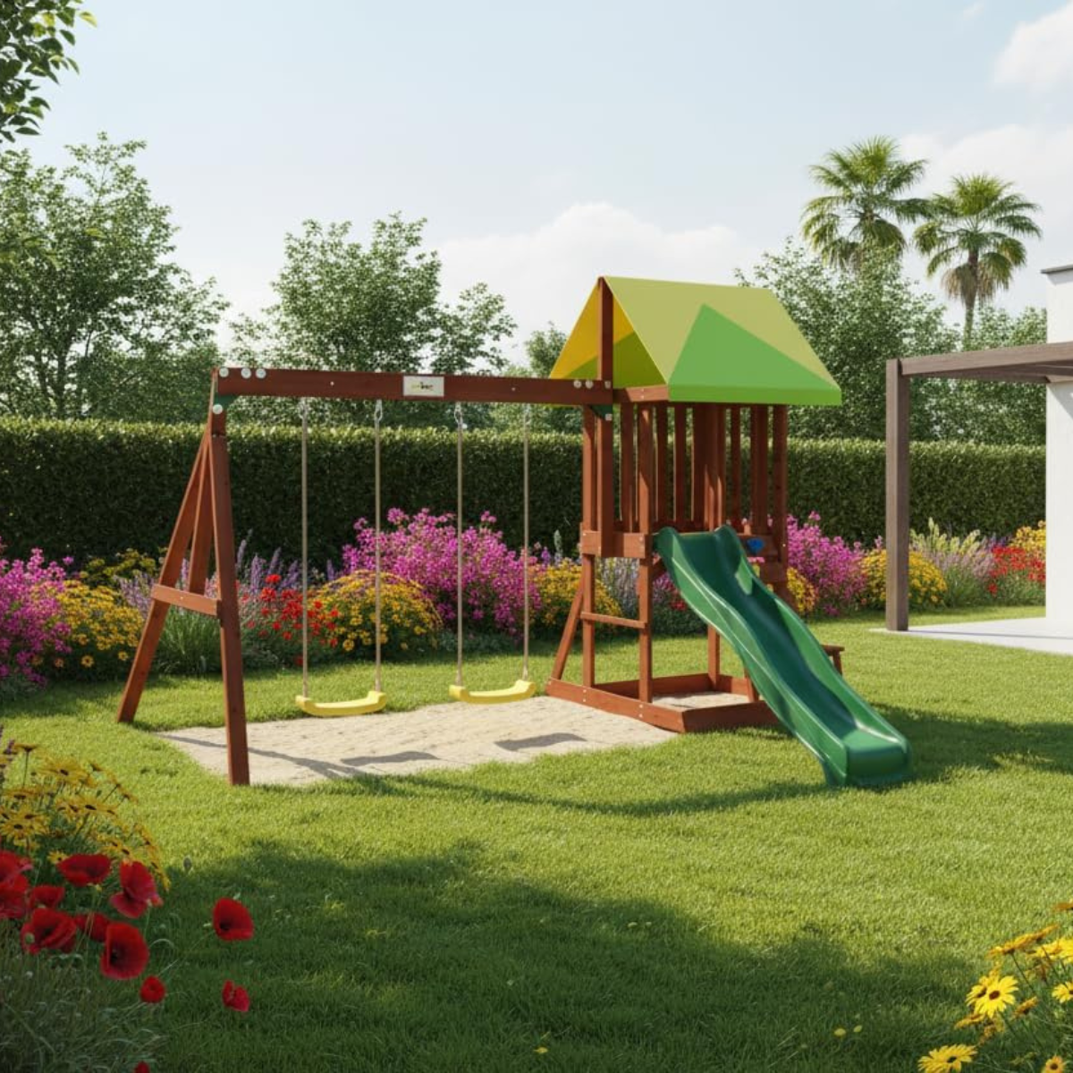 Kiddoro Mighty Jungle Wooden Outdoor Playset, Double Slide & 2 Swings, Climbing Wall, Playhouse with Picnic Table, Backyard Garden Swing Set for Kids 2+ Years