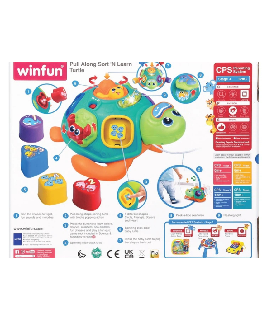 Winfun Tadzio Turtle Interactive Toy, Shape Sorter, Pull-Along Educational Toy for Toddlers, Light and Music, Ages 6 Months+
