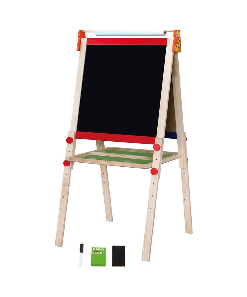 Viga Toys Standing Easel with Roll Paper, Wooden Two-Sided Art Easel with Chalkboard and Magnetic Whiteboard, Includes 10m Paper Roll, Chalk, Eraser, Dry Erase Pen & 4 Magnets, Multicolor, Ages 2+ to 6