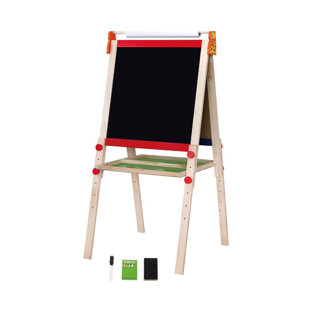 Viga Toys Standing Easel with Roll Paper, Wooden Two-Sided Art Easel with Chalkboard and Magnetic Whiteboard, Includes 10m Paper Roll, Chalk, Eraser, Dry Erase Pen & 4 Magnets, Multicolor, Ages 2+ to 6