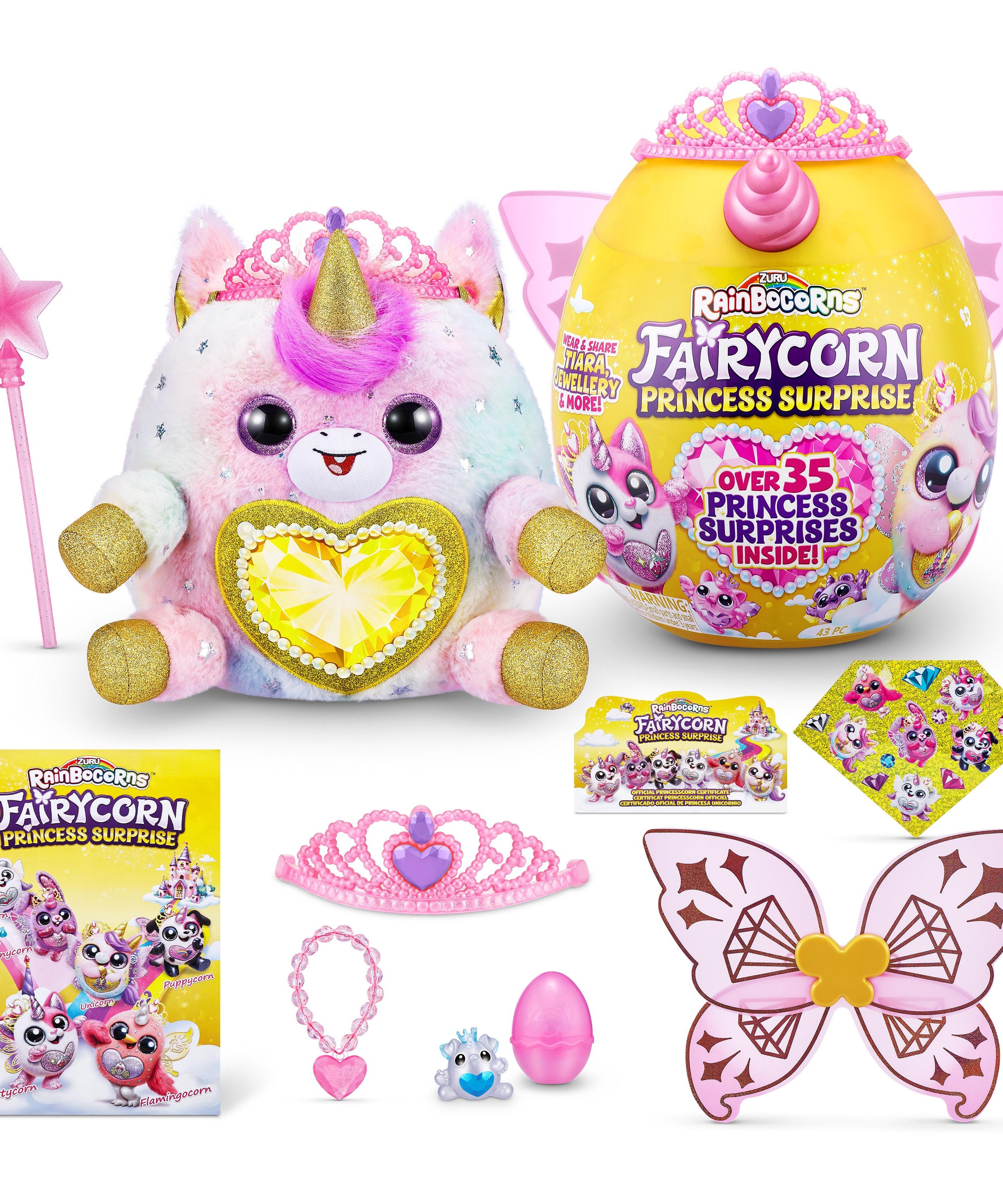 Rainbocorns Fairycorn Princess Surprise (Puppy) 11" Collectible Plush Toy with 35+ Surprises, Fairy Wings, Tiara, Wand, Boo-Boocorn, and Surprise Egg, Soft Toy for Girls Ages 3+