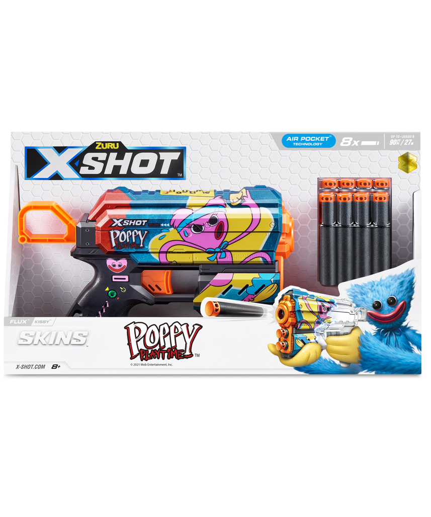 XSHOT Skins Flux, Poppy Playtime Jumpscare Edition (8 Darts), Foam Dart Blaster with Air Pocket Dart Technology, Shoots up to 27m, Collectible Toy Gun for Kids Ages 8+, Boys, Girls, Teens