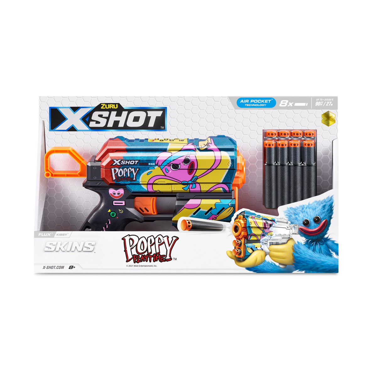 XSHOT Skins Flux, Poppy Playtime Jumpscare Edition (8 Darts), Foam Dart Blaster with Air Pocket Dart Technology, Shoots up to 27m, Collectible Toy Gun for Kids Ages 8+, Boys, Girls, Teens