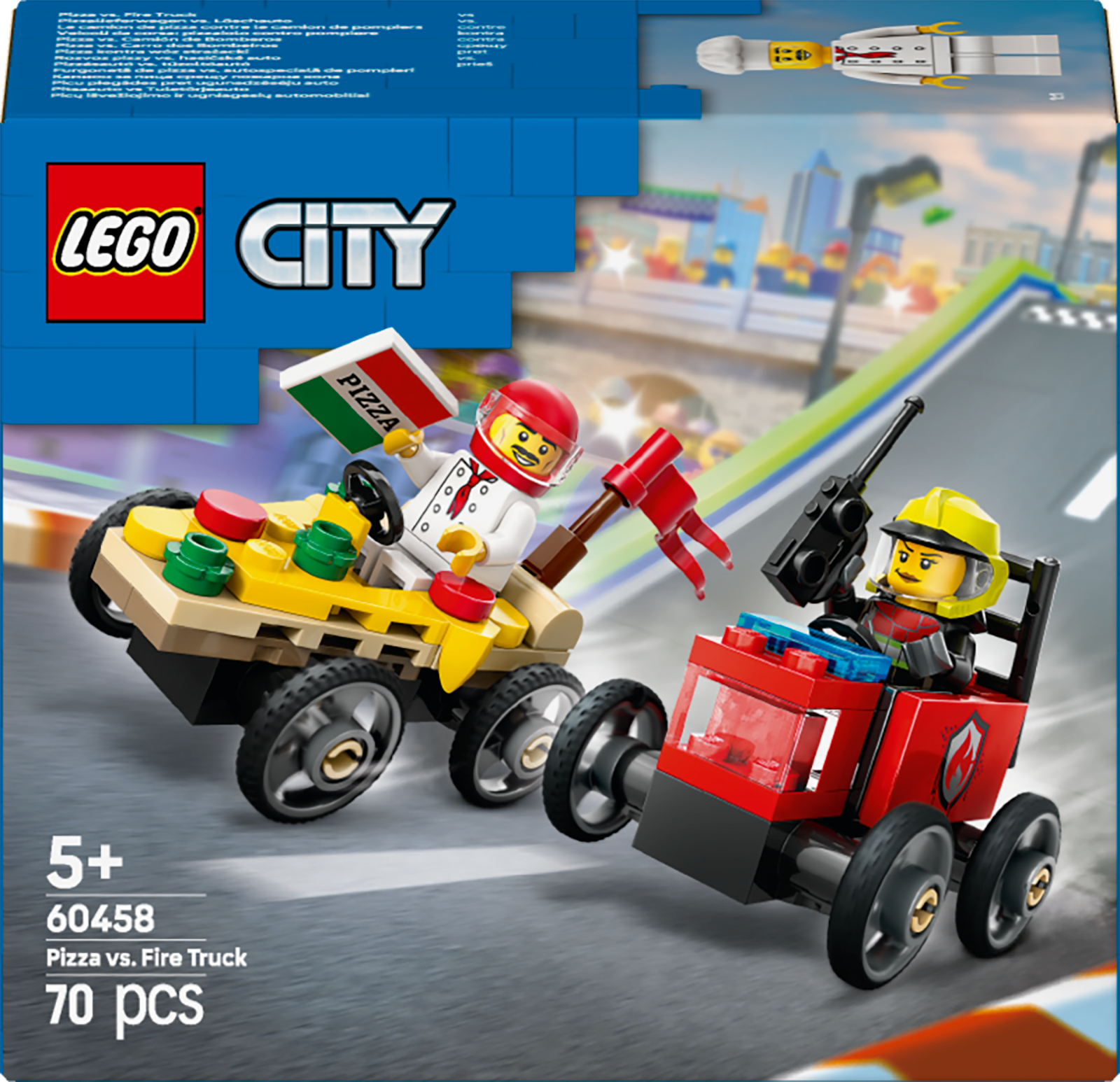 LEGO City 60458 Pizza vs Fire Truck Race Car V29 for Boys 5+ Fast Action Vehicle Set with Mini Figures