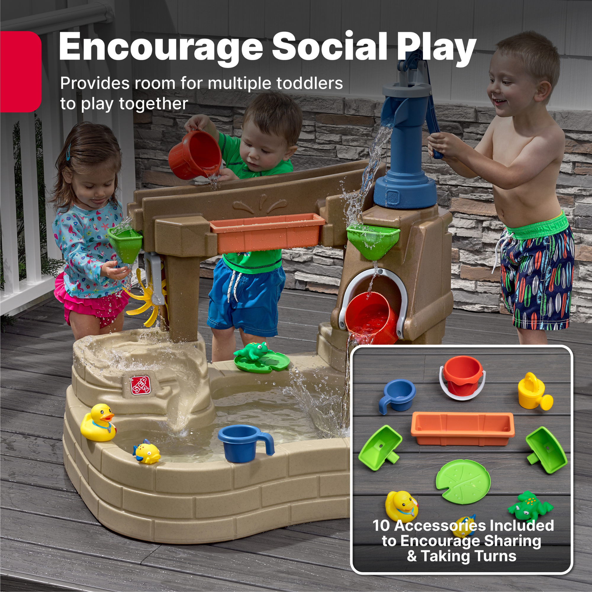 Step2 Pump & Splash Discovery Pond, Indoor and Outdoor Water Table and Sensory Playset Rain Shower Wall, 10 Piece Accessories Set, Backyard Activity Centre,  Suitable for Boys and Girls Aged 2+