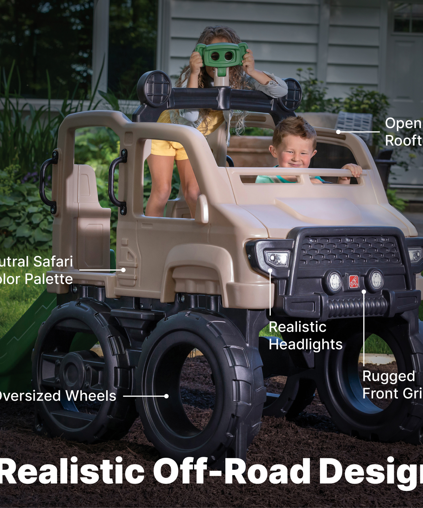 شاحنة تسلق سفاري من ستيب 2، لعبة تسلق سهلة التركيب في الفناء الخلفي مع منزلق، سعة وزن 82 كجم، لعبة صالة ألعاب رياضية خارجية مع عجلة قيادة، جدار تسلق ومنظار، للأطفال من سن سنتين فما فوق