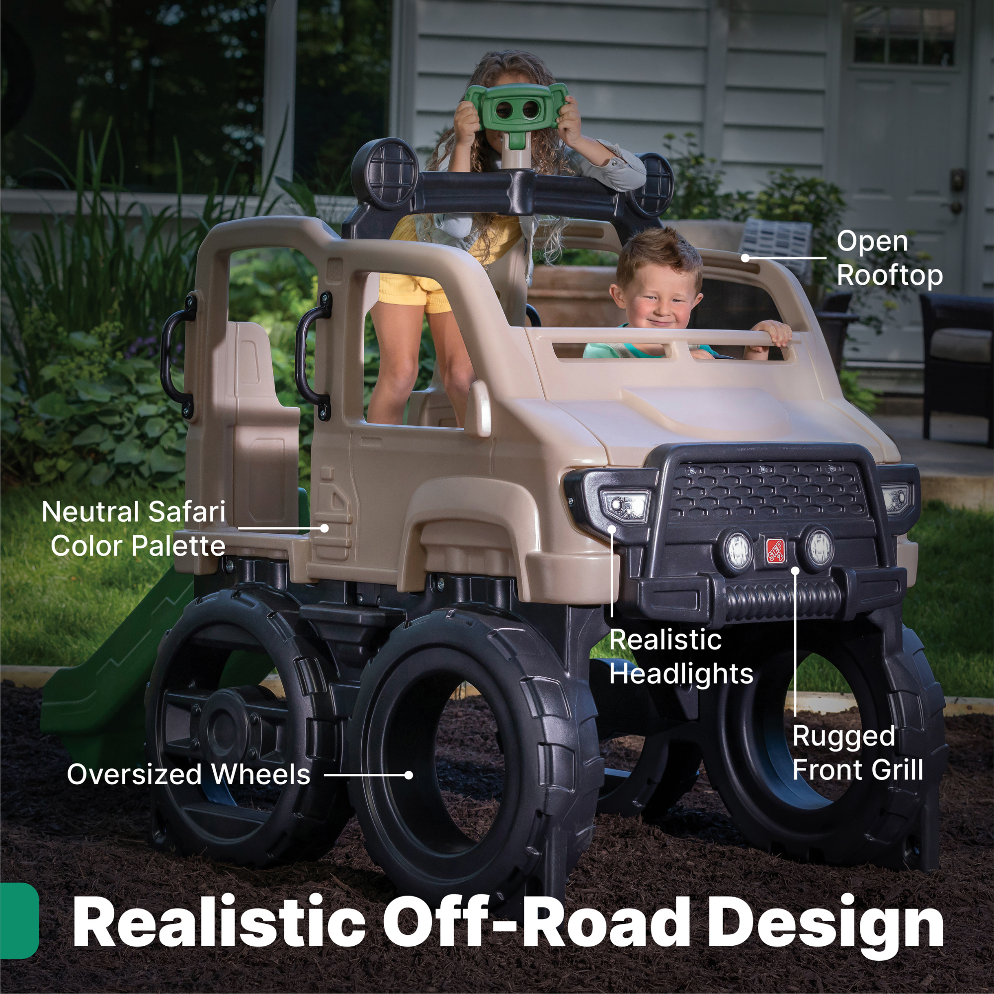 شاحنة تسلق سفاري من ستيب 2، لعبة تسلق سهلة التركيب في الفناء الخلفي مع منزلق، سعة وزن 82 كجم، لعبة صالة ألعاب رياضية خارجية مع عجلة قيادة، جدار تسلق ومنظار، للأطفال من سن سنتين فما فوق