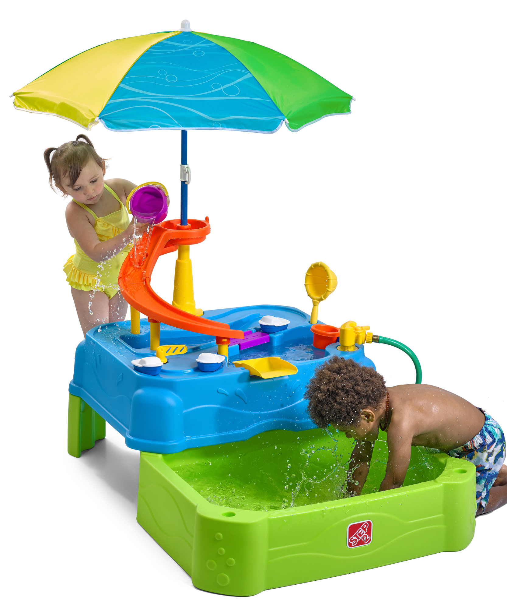 Step2 Waterpark Wonders Two-Tier Water Table, Outdoor 2 Level Water Table and Activity Centre with Umbrella, Strainer, Bucket, Cup and Boats, Suitable for Kids both Boys and Girls Aged 18m and Above