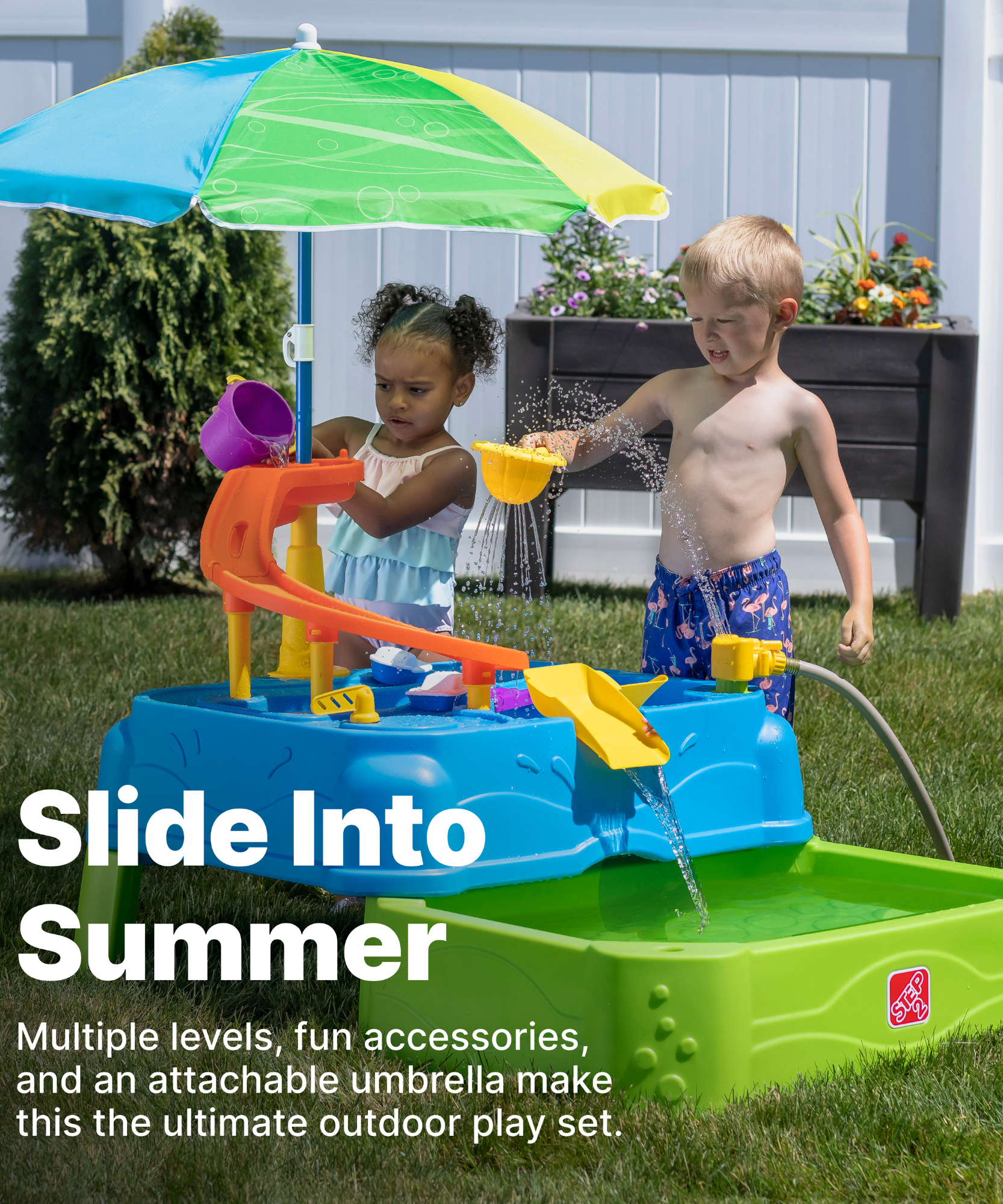 Step2 Waterpark Wonders Two-Tier Water Table, Outdoor 2 Level Water Table and Activity Centre with Umbrella, Strainer, Bucket, Cup and Boats, Suitable for Kids both Boys and Girls Aged 18m and Above