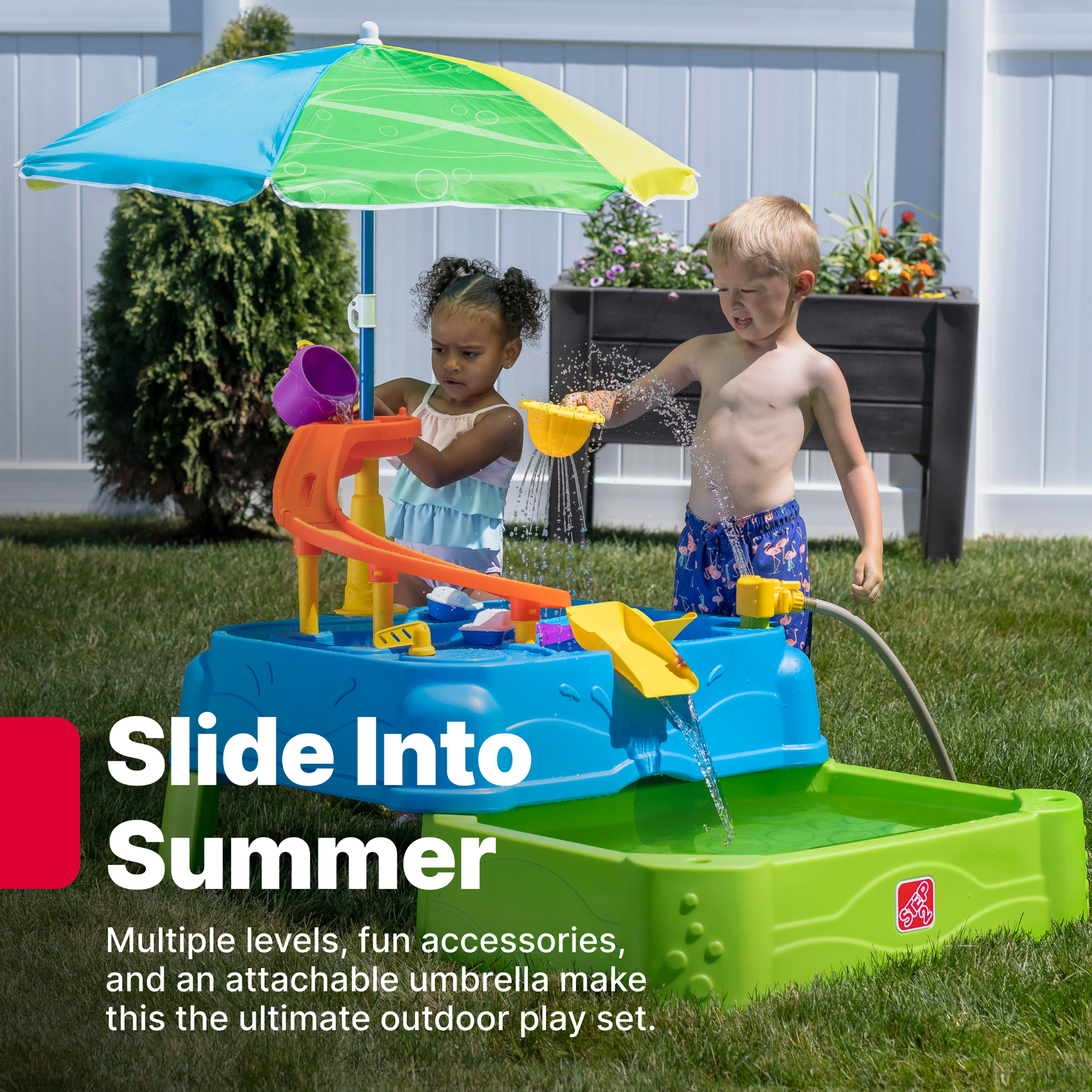 Step2 Waterpark Wonders Two-Tier Water Table, Outdoor 2 Level Water Table and Activity Centre with Umbrella, Strainer, Bucket, Cup and Boats, Suitable for Kids both Boys and Girls Aged 18m and Above