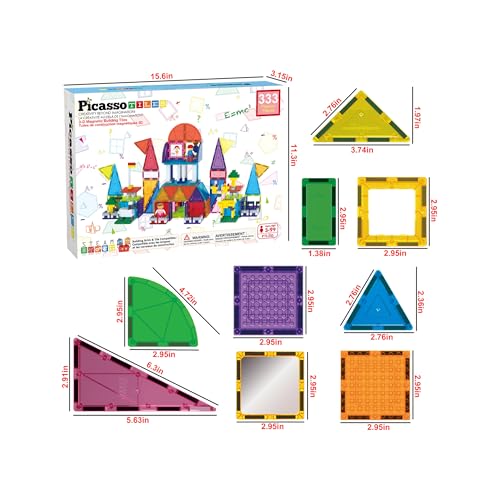 PicassoTiles 333pcs Magnetic Brick Tile and Magnetic Tile Combo Set, Action Figures included, Building Blocks STEM Toys, Educational Montessori Preschool Toddler classroom learning toys, Kids activity