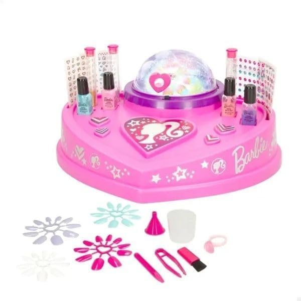 Barbie All-in-One Glitter Nail Studio for Kids Ages 5 and Up with Color-Changing Dome, Trendy Nail Polishes, Glitter, Stickers and Fashionable Nails