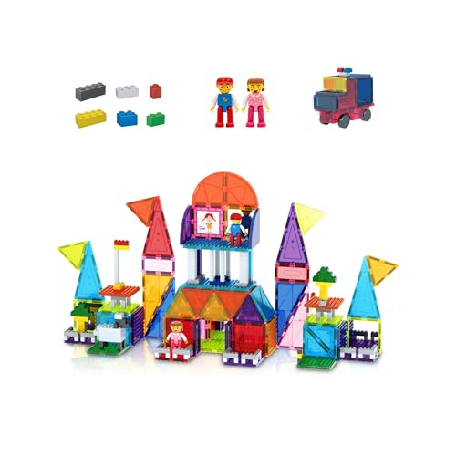 PicassoTiles 333pcs Magnetic Brick Tile and Magnetic Tile Combo Set, Action Figures included, Building Blocks STEM Toys, Educational Montessori Preschool Toddler classroom learning toys, Kids activity