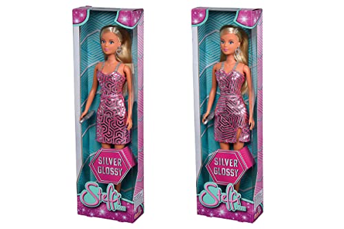 Simba 105733557 Steffi Love Silver Glossy, Dressing Doll in a Cool Glitter Dress with Earrings and Clutch, 2 Assorted Designs, Only One Item Delivered, Doll 29 cm, from 3 Years