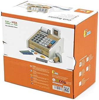 Viga Wooden Cash Register Playset with Scanner, Coins, Bills and Card Reader for Kids 3+ Role-Play Toy Multicolour