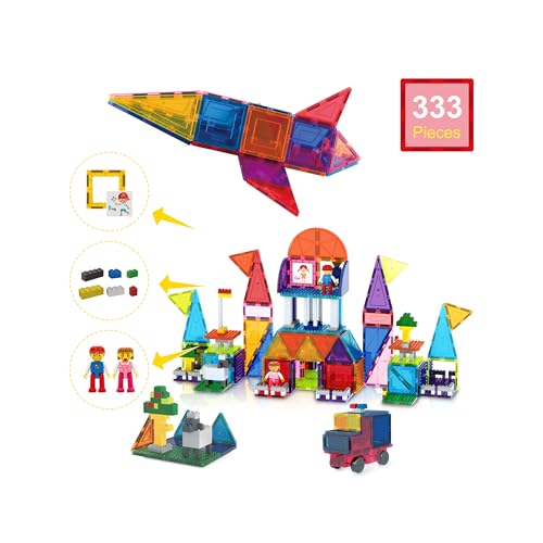 PicassoTiles 333pcs Magnetic Brick Tile and Magnetic Tile Combo Set, Action Figures included, Building Blocks STEM Toys, Educational Montessori Preschool Toddler classroom learning toys, Kids activity