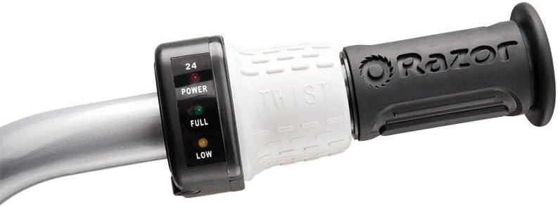 دراجة Razor Dirt Quad الكهربائية رباعية العجلات، بقوة 24 فولت، مناسبة للأطفال من سن 8 سنوات فما فوق، مزودة بخانق دوار، وفرامل قرصية يدوية، وإطارات هوائية 12 بوصة - تصل سرعتها إلى 8 أميال في الساعة، ومدة ركوبها 40 دقيقة.