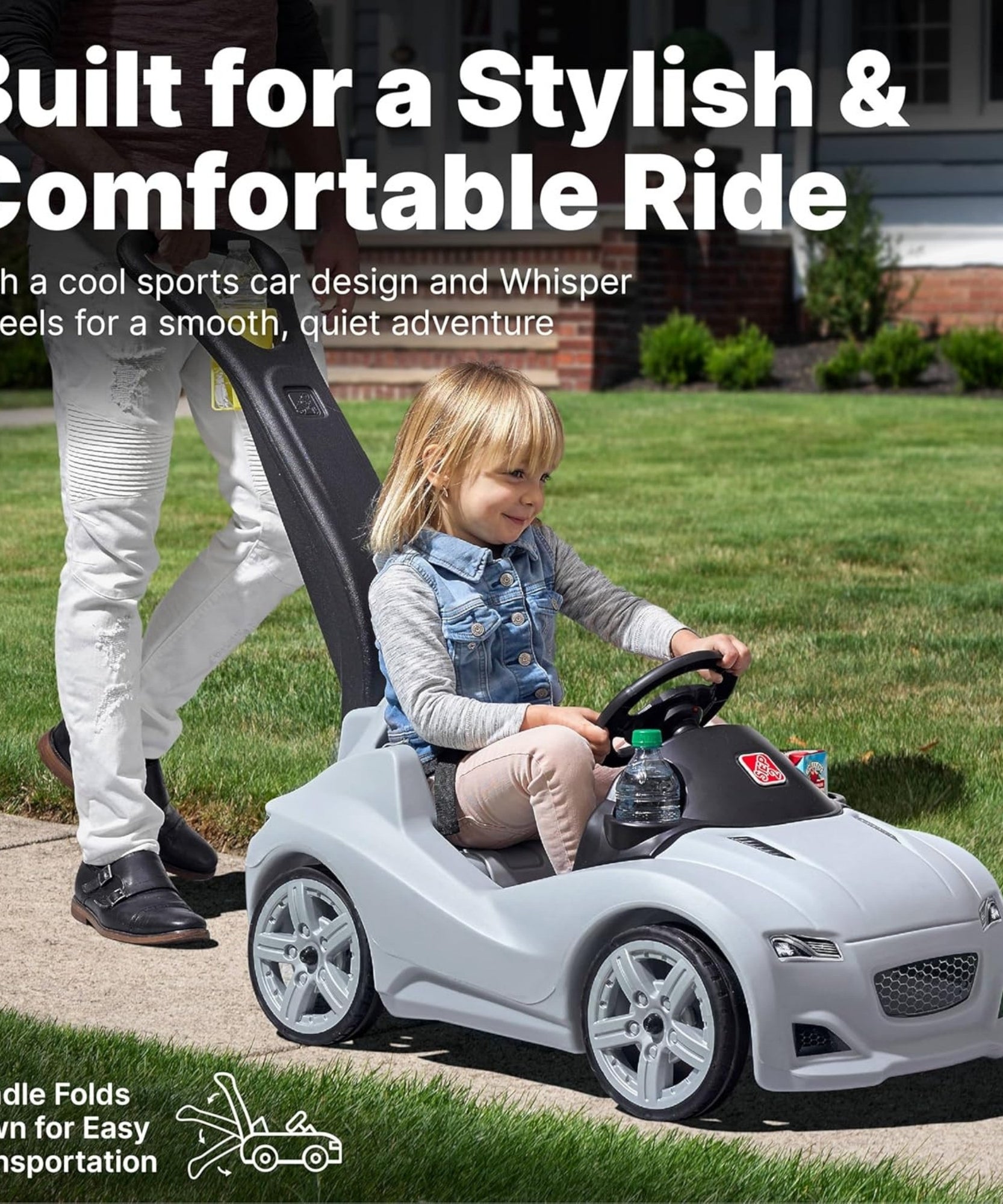 Step2 Whisper Ride Cruiser, Single Seater Kids Push Car, Easy to Store Ride On Toy with Seatbelt, Horn and Storage Trunk, Suitable for Children both Boys and Girls Aged 18m and Above, Gray