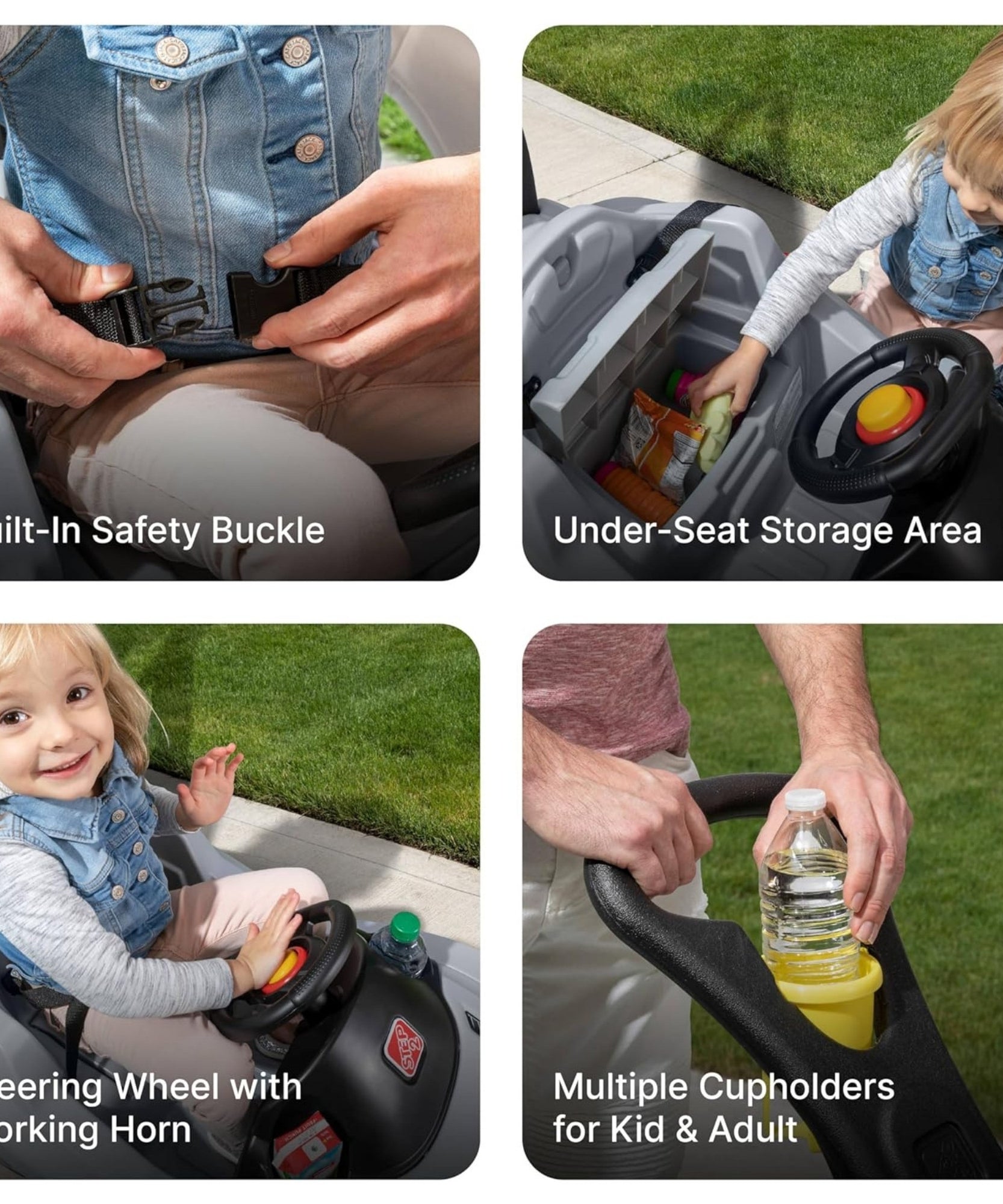 Step2 Whisper Ride Cruiser, Single Seater Kids Push Car, Easy to Store Ride On Toy with Seatbelt, Horn and Storage Trunk, Suitable for Children both Boys and Girls Aged 18m and Above, Gray