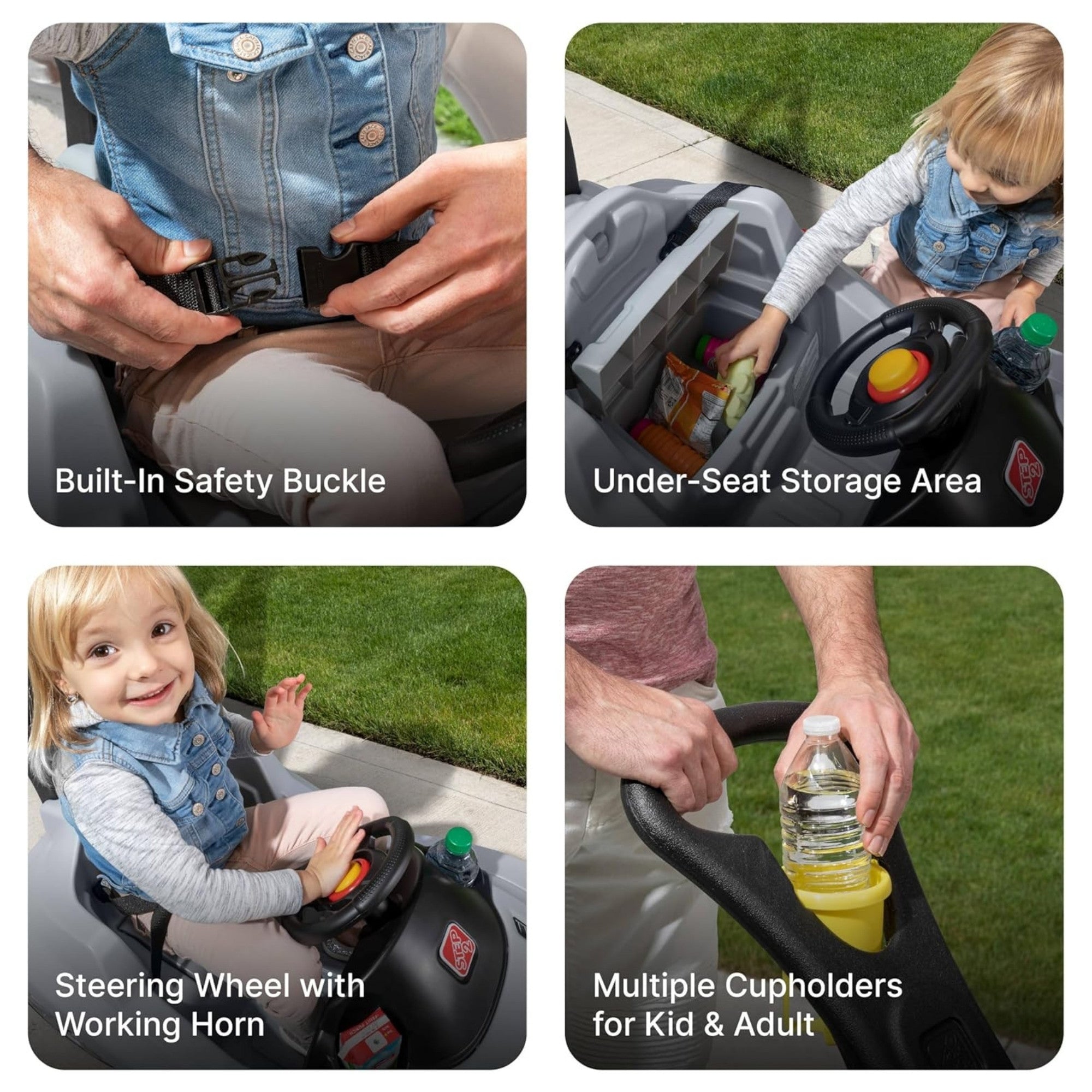 Step2 Whisper Ride Cruiser, Single Seater Kids Push Car, Easy to Store Ride On Toy with Seatbelt, Horn and Storage Trunk, Suitable for Children both Boys and Girls Aged 18m and Above, Gray