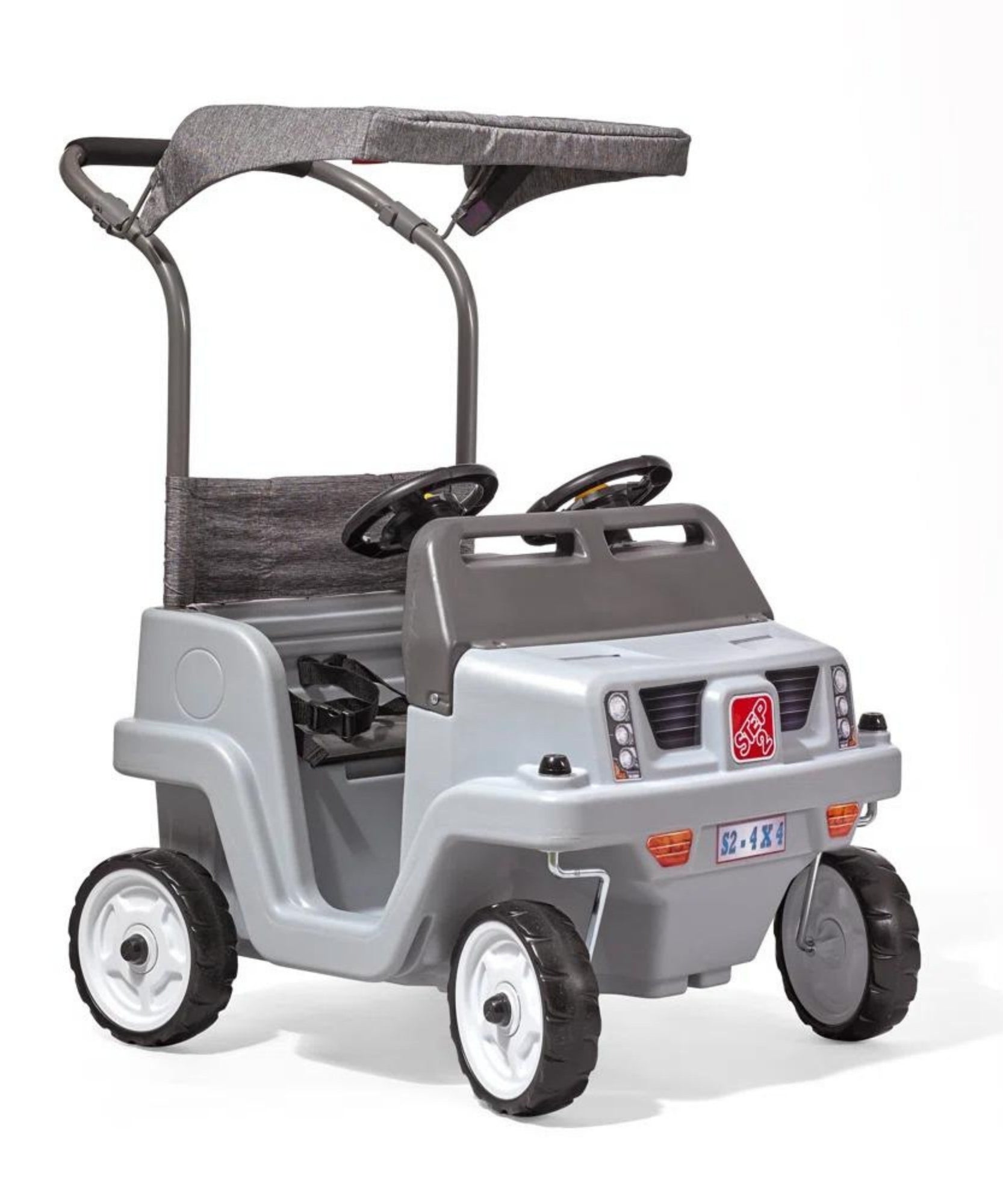 سيارة دفع رباعي جانبية من ستيب 2، سيارة دفع للأطفال بمقعدين مع مظلة، لعبة سهلة التخزين مع حزام أمان وبوق وتخزين أسفل المقعد، مناسبة للأطفال من الأولاد والبنات من سن 18 شهرًا فما فوق، لون رمادي