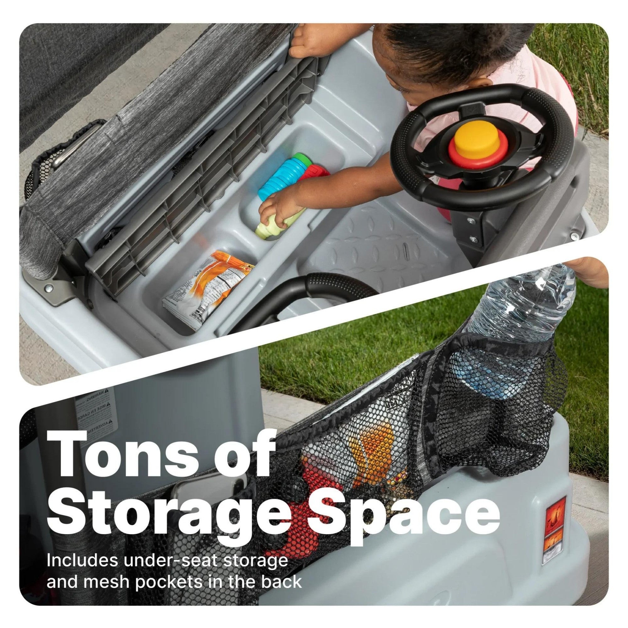 سيارة دفع رباعي جانبية من ستيب 2، سيارة دفع للأطفال بمقعدين مع مظلة، لعبة سهلة التخزين مع حزام أمان وبوق وتخزين أسفل المقعد، مناسبة للأطفال من الأولاد والبنات من سن 18 شهرًا فما فوق، لون رمادي