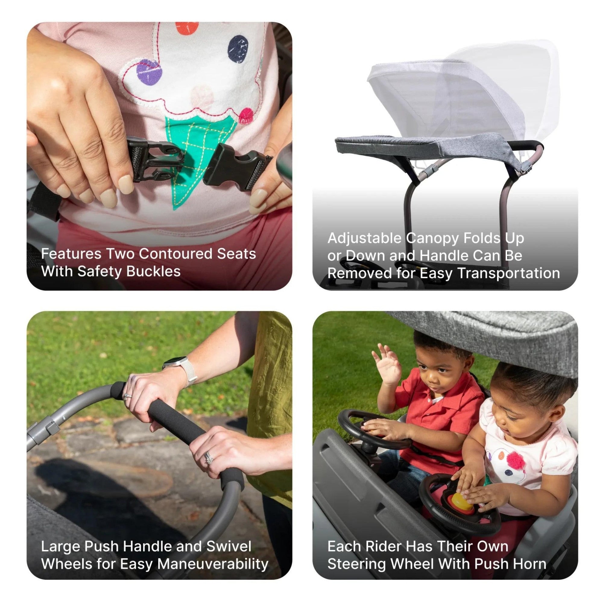 سيارة دفع رباعي جانبية من ستيب 2، سيارة دفع للأطفال بمقعدين مع مظلة، لعبة سهلة التخزين مع حزام أمان وبوق وتخزين أسفل المقعد، مناسبة للأطفال من الأولاد والبنات من سن 18 شهرًا فما فوق، لون رمادي