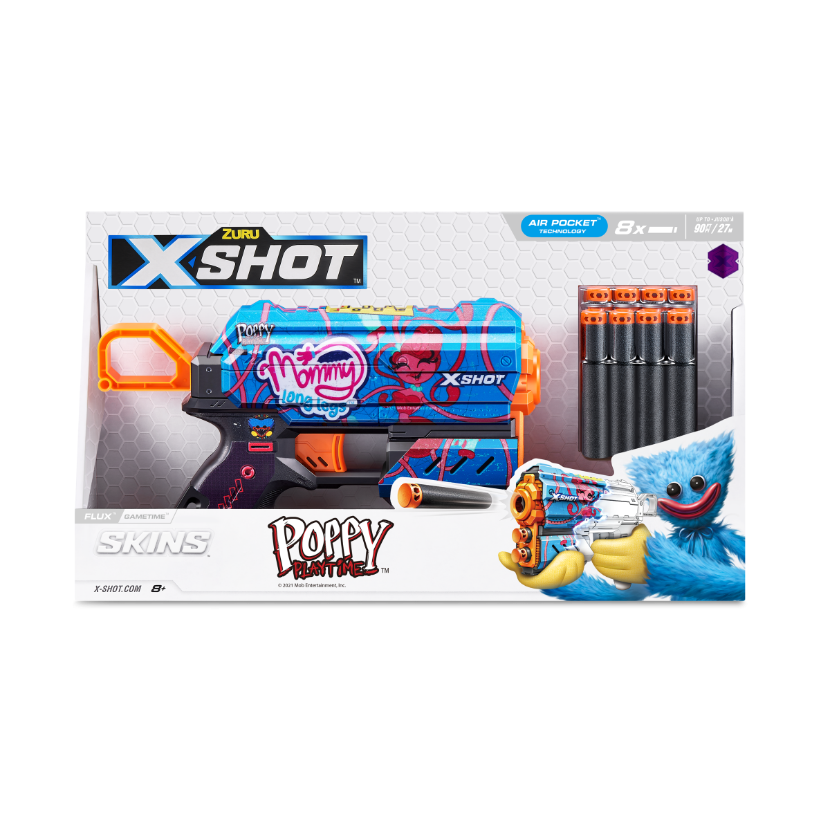 XSHOT Skins Flux, Poppy Playtime Jumpscare Edition (8 Darts), Foam Dart Blaster with Air Pocket Dart Technology, Shoots up to 27m, Collectible Toy Gun for Kids Ages 8+, Boys, Girls, Teens