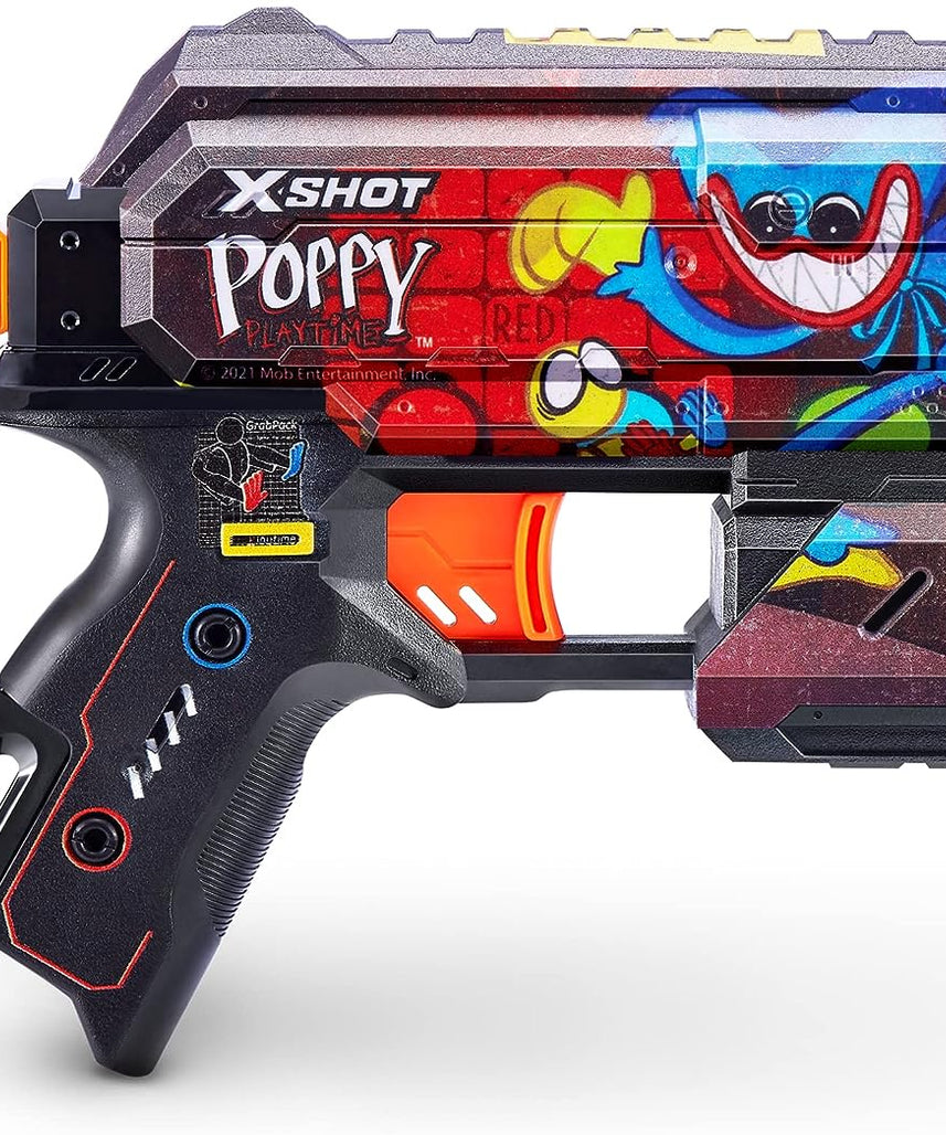 XSHOT Skins Flux, Poppy Playtime Jumpscare Edition (8 Darts), Foam Dart Blaster with Air Pocket Dart Technology, Shoots up to 27m, Collectible Toy Gun for Kids Ages 8+, Boys, Girls, Teens