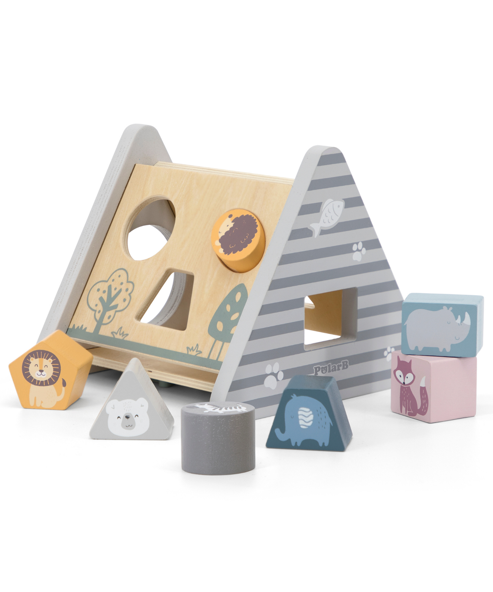 PolarB Wooden Shape Sorter Activity Box for Toddlers, 5-Sided Triangular Box with 7 Geometric Shapes and Turning Gears, Educational Toy for Shape Recognition and Fine Motor Skills