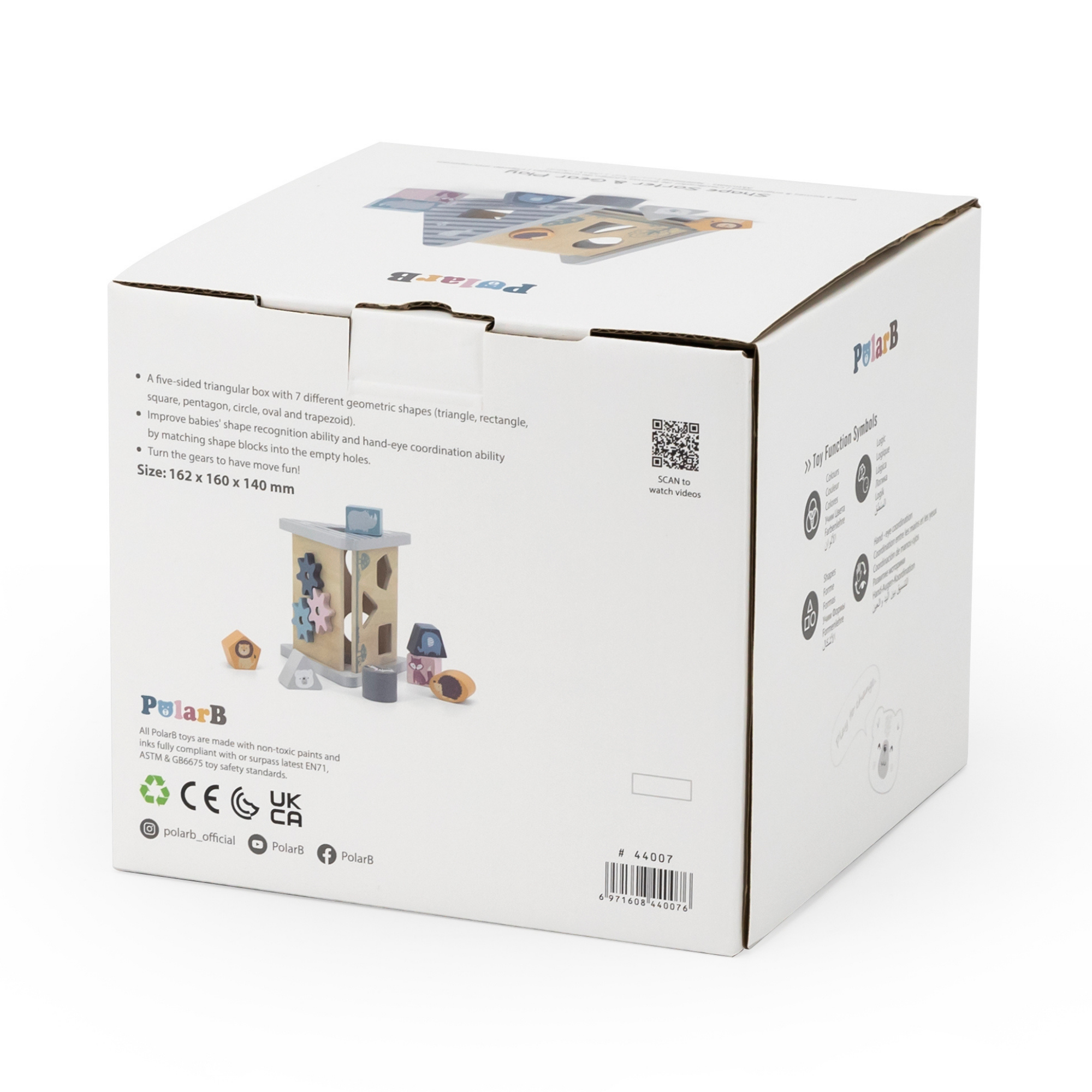 صندوق أنشطة فرز الأشكال الخشبية من PolarB للأطفال الصغار، صندوق مثلث الشكل بخمسة جوانب مع 7 أشكال هندسية وتروس دوارة، لعبة تعليمية للتعرف على الأشكال والمهارات الحركية الدقيقة