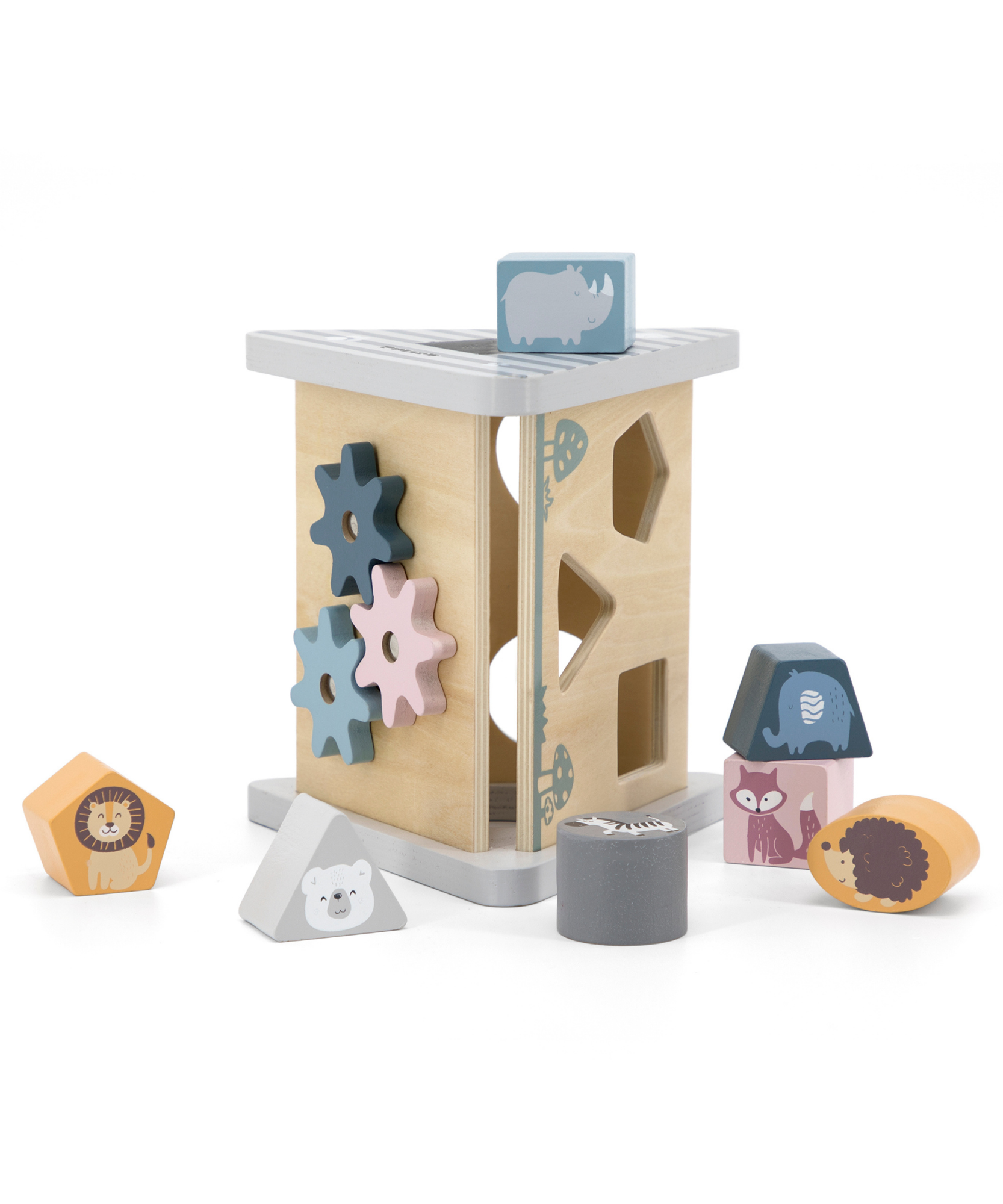 PolarB Wooden Shape Sorter Activity Box for Toddlers, 5-Sided Triangular Box with 7 Geometric Shapes and Turning Gears, Educational Toy for Shape Recognition and Fine Motor Skills