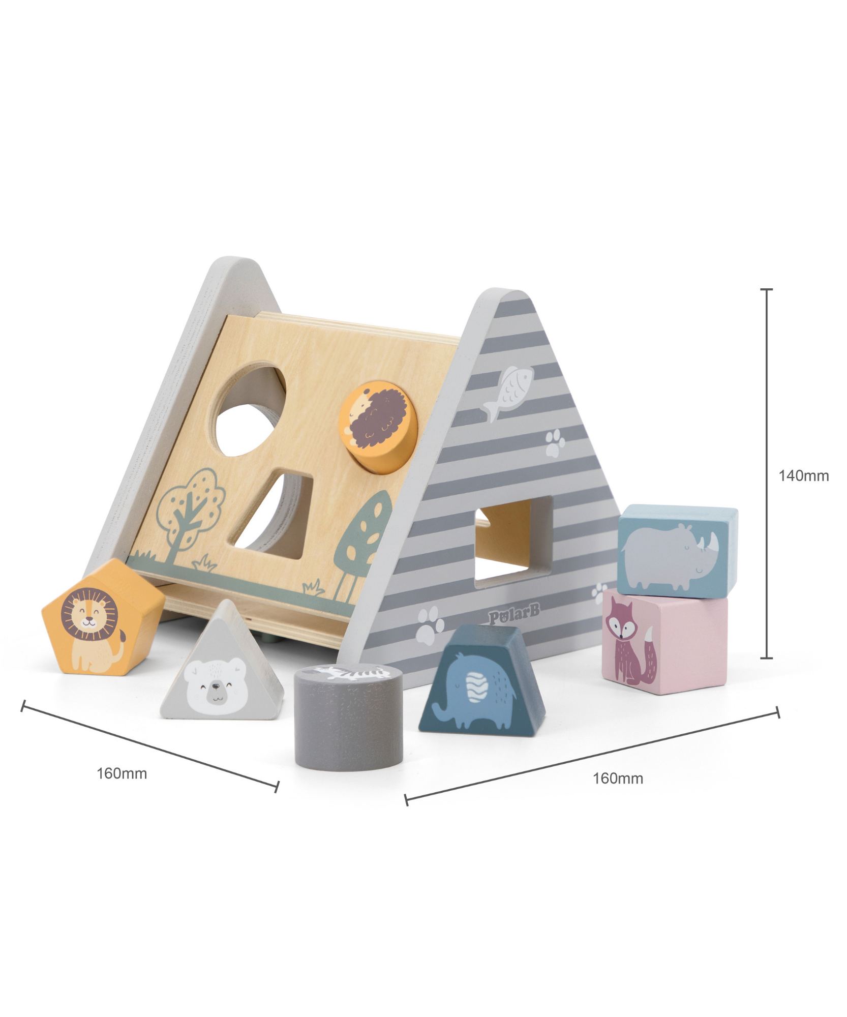 PolarB Wooden Shape Sorter Activity Box for Toddlers, 5-Sided Triangular Box with 7 Geometric Shapes and Turning Gears, Educational Toy for Shape Recognition and Fine Motor Skills