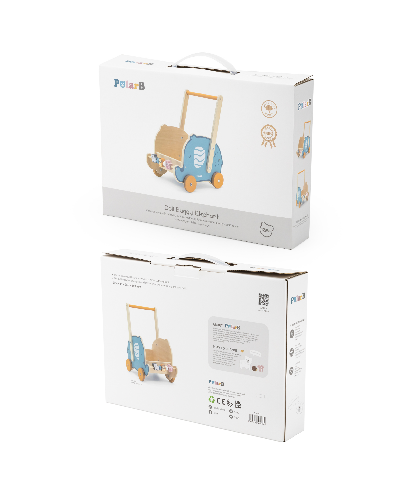عربة أطفال على شكل فيل من PolarB، لعبة دفع للدمى والألعاب المحشوة، مصنوعة من البلاستيك القوي مع عجلات نقر، مناسبة للأعمار من 12 شهرًا فما فوق