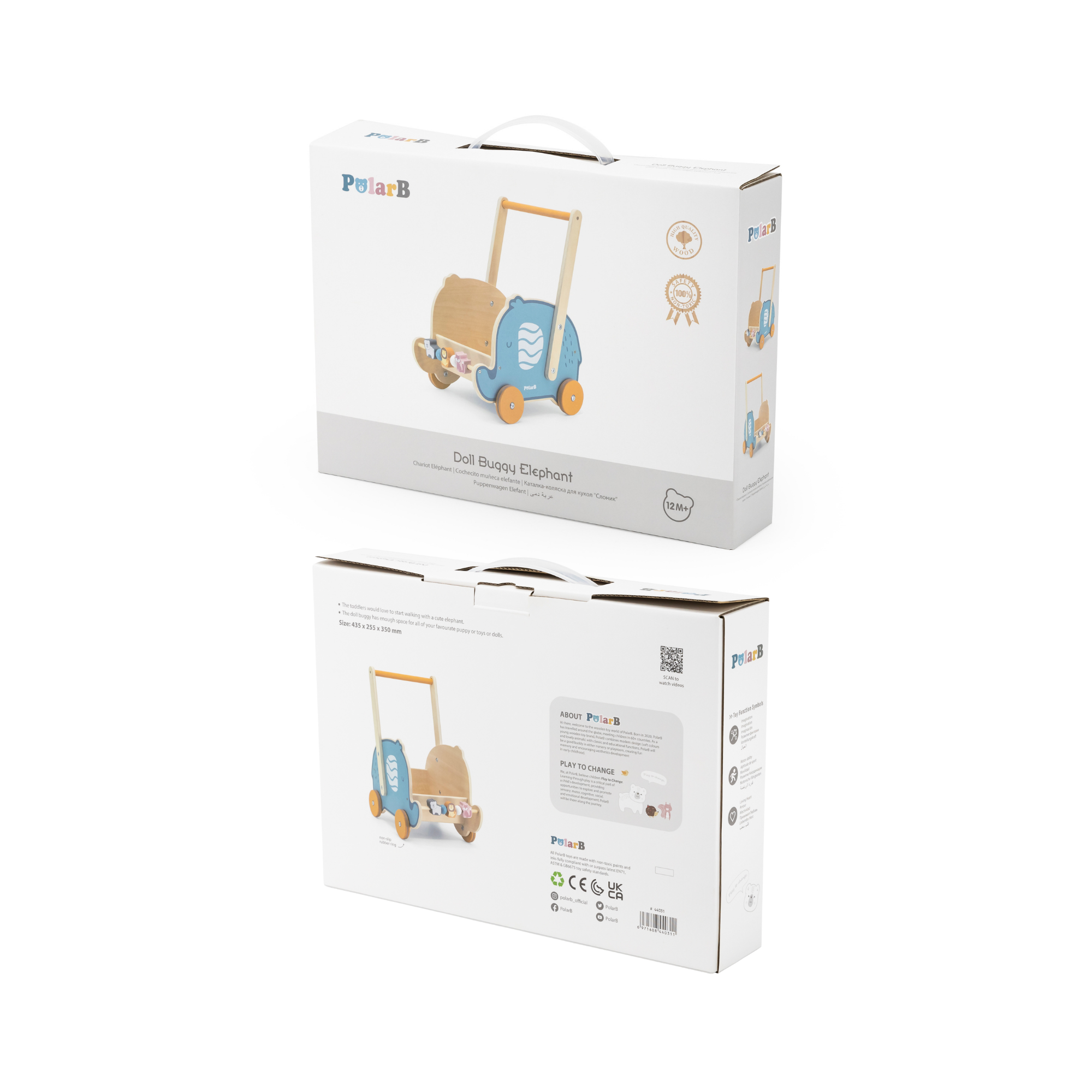 عربة أطفال على شكل فيل من PolarB، لعبة دفع للدمى والألعاب المحشوة، مصنوعة من البلاستيك القوي مع عجلات نقر، مناسبة للأعمار من 12 شهرًا فما فوق