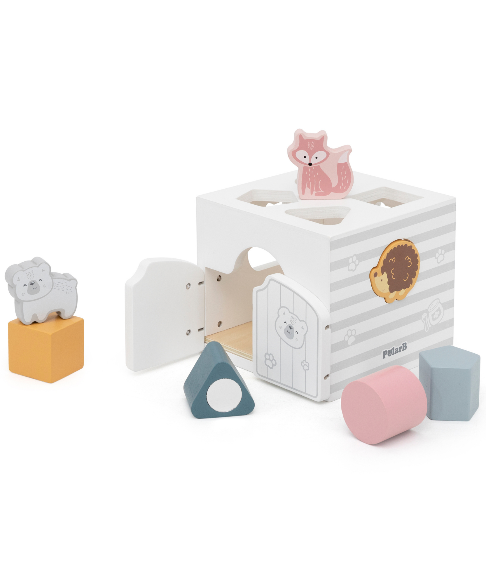 لعبة فرز الأشكال PolarB مع مكعبات موسيقية، 7 قطع خشبية تتضمن أشكال حيوانات ومرآة ومكعبات صوتية، لعبة تعليمية للأطفال الصغار من عمر 18 شهرًا فما فوق