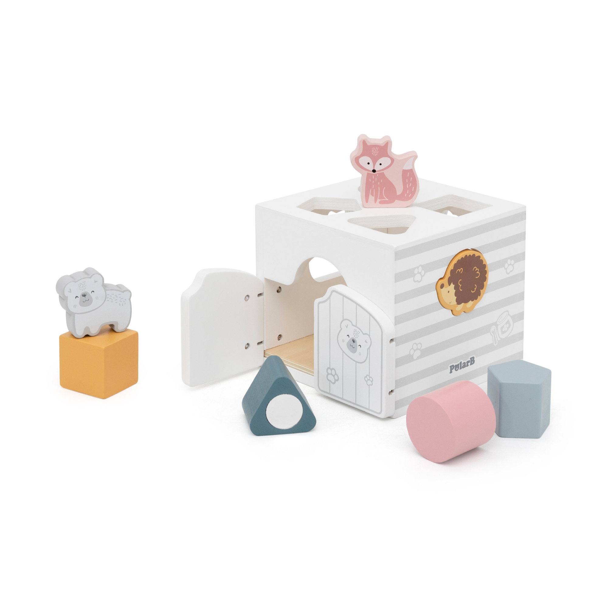 لعبة فرز الأشكال PolarB مع مكعبات موسيقية، 7 قطع خشبية تتضمن أشكال حيوانات ومرآة ومكعبات صوتية، لعبة تعليمية للأطفال الصغار من عمر 18 شهرًا فما فوق