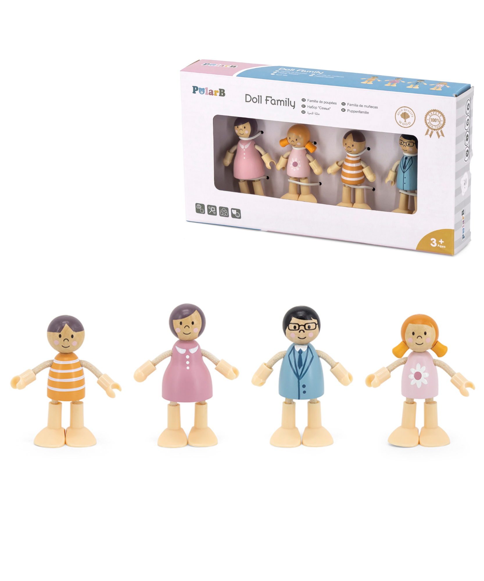 PolarB Doll Family Set of 4 with Posable Arms and Legs for Dollhouse Role Play, Ages 3 and Up