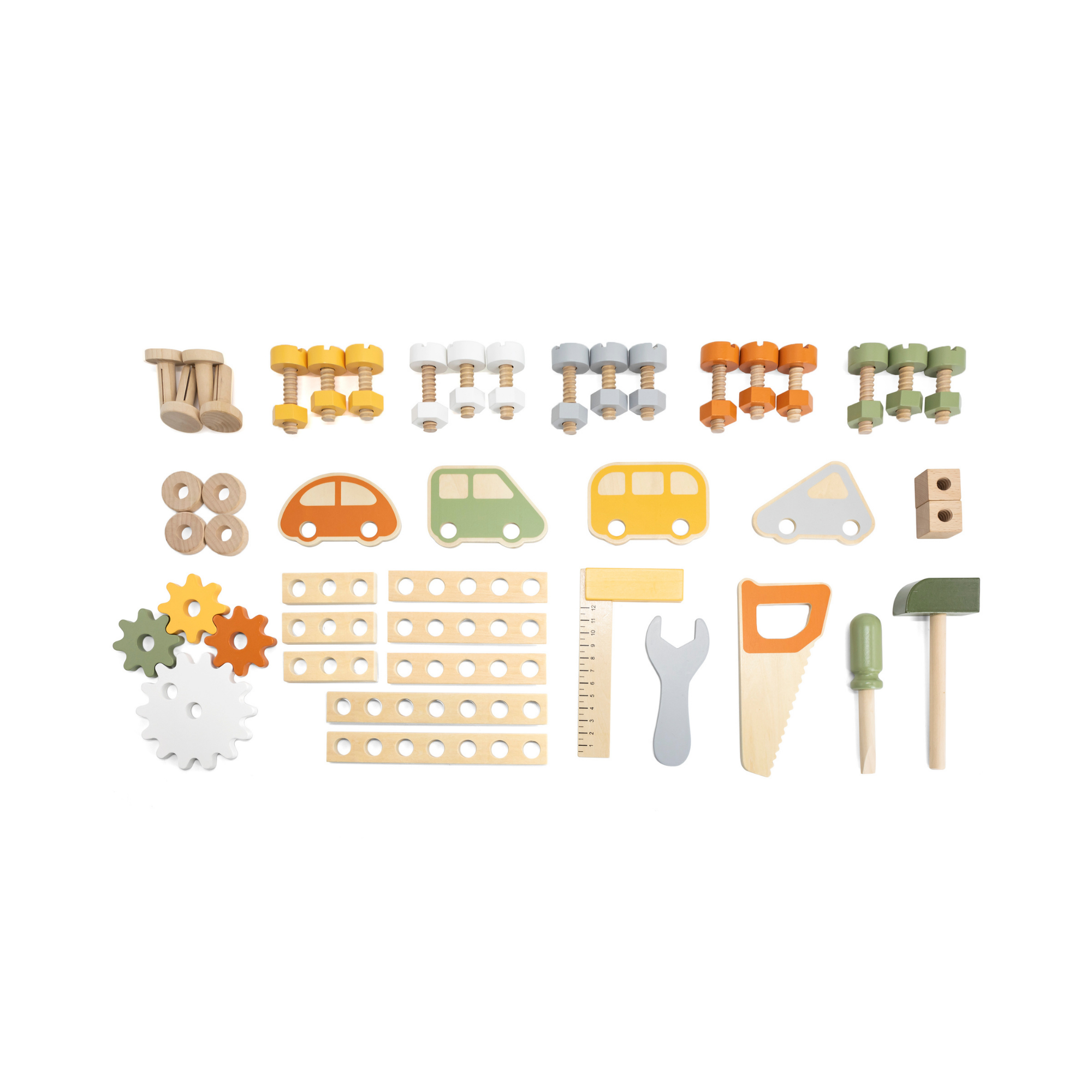 مجموعة أدوات خشبية من PolarB للأطفال، تتضمن منشارًا ومطرقة ومفك براغي وتروسًا وإكسسوارات بناء سيارات DIY، تشجع على اللعب الخيالي والمهارات الحركية الدقيقة