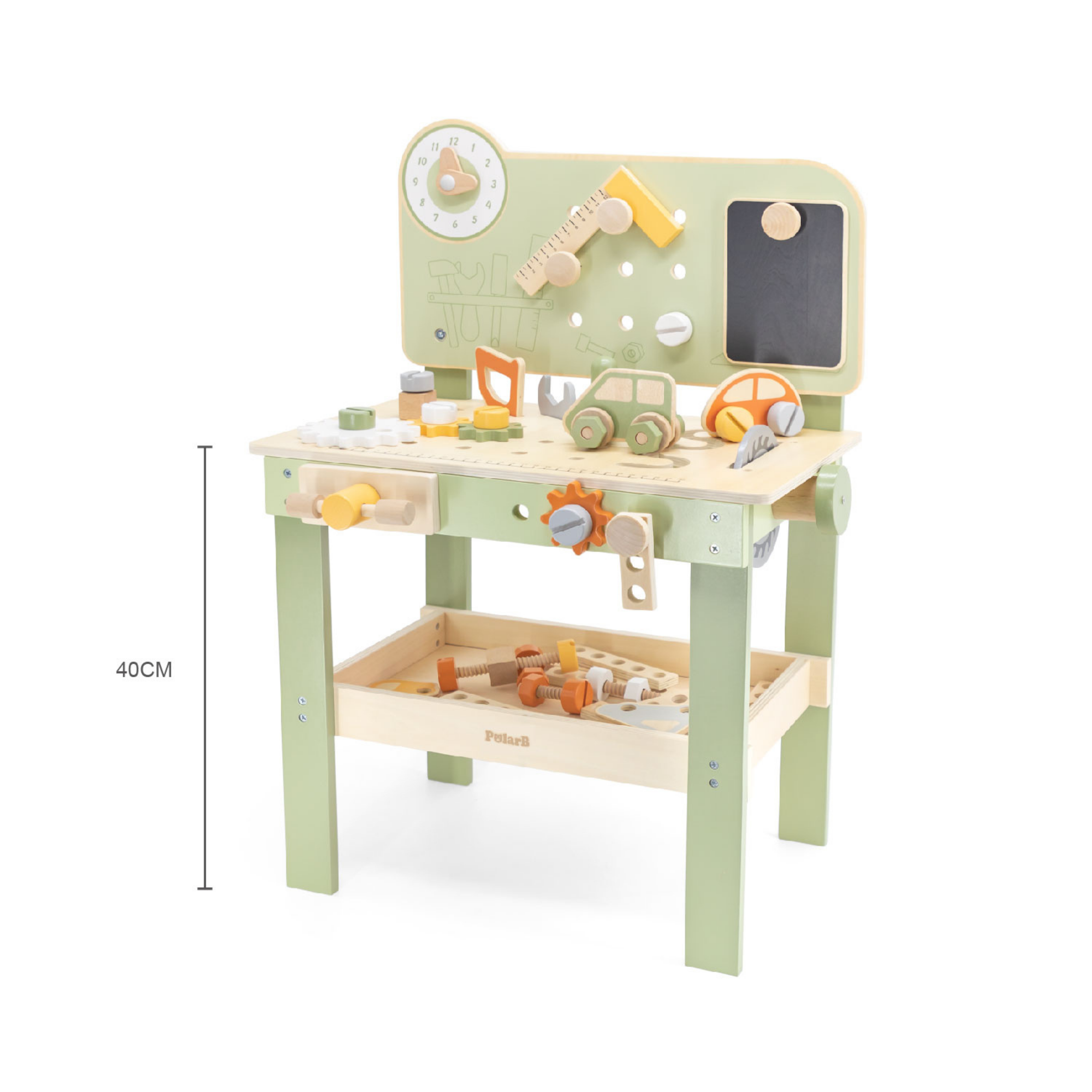 مجموعة أدوات خشبية من PolarB للأطفال، تتضمن منشارًا ومطرقة ومفك براغي وتروسًا وإكسسوارات بناء سيارات DIY، تشجع على اللعب الخيالي والمهارات الحركية الدقيقة