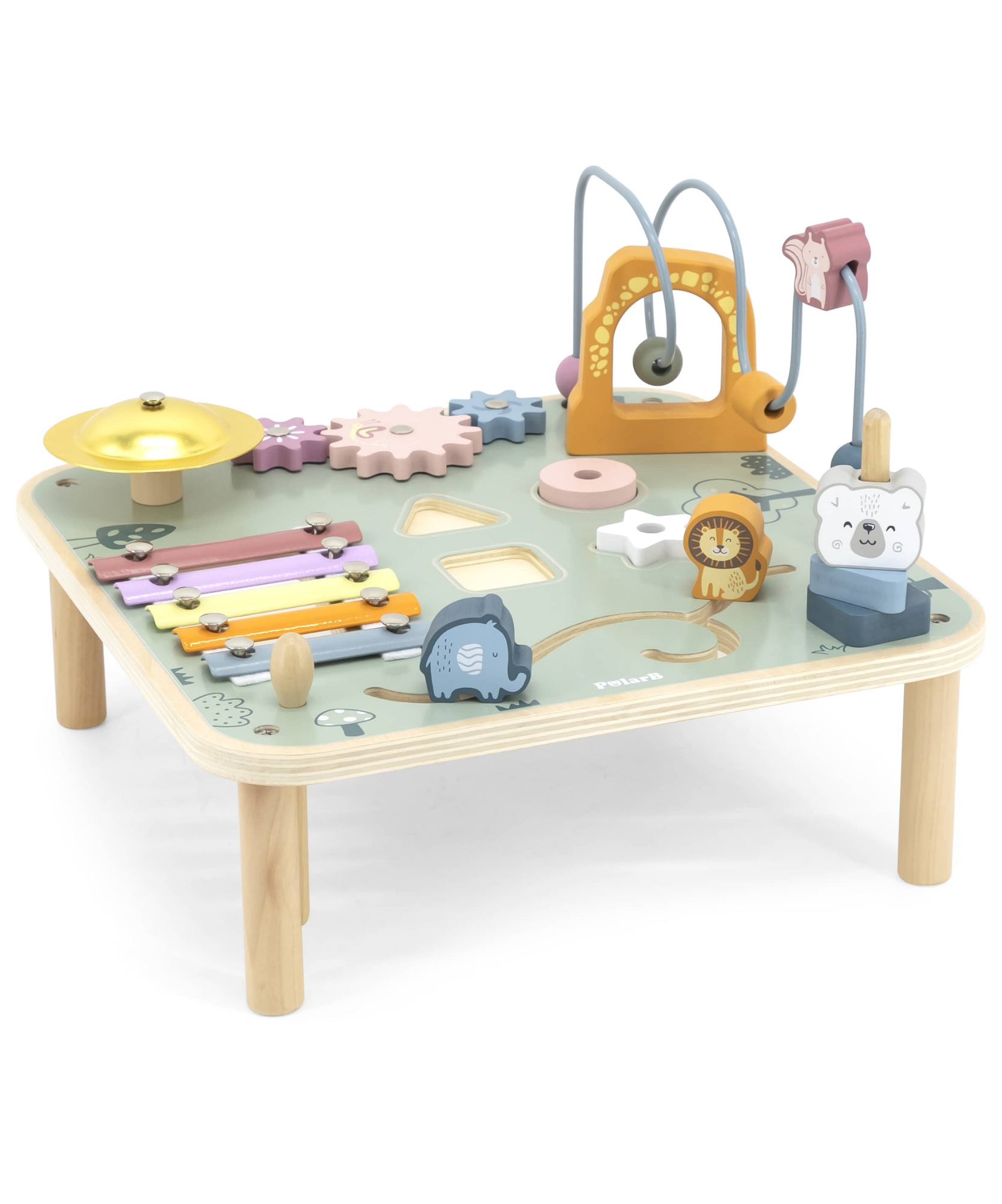 PolarB Wooden Activity Table for Kids Age 3 and Up, Durable Educational Toy with Gears, Beads, Blocks, Xylophone and More