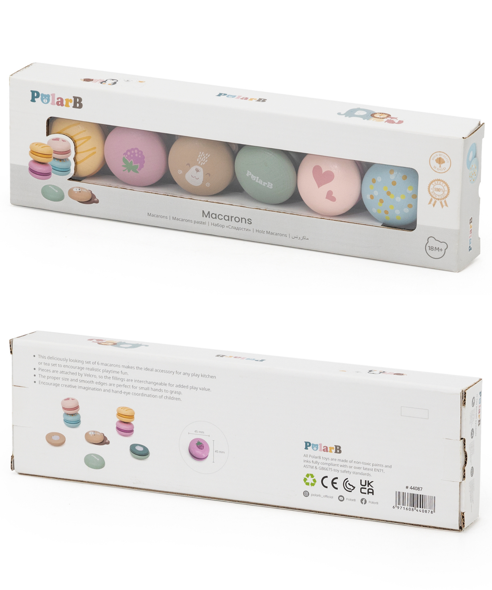 مجموعة ألعاب الماكرون الخشبية من PolarB، مكونة من 6 قطع من ألعاب الطعام التظاهرية للأطفال، آمنة وملونة وخيالية للعب الأدوار للأطفال الصغار ومرحلة ما قبل المدرسة من عمر سنتين فما فوق